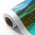 Art Deco style poster of Bora Bora with muted blue and green tones on rolled canvas, ideal for nursery wall art.
