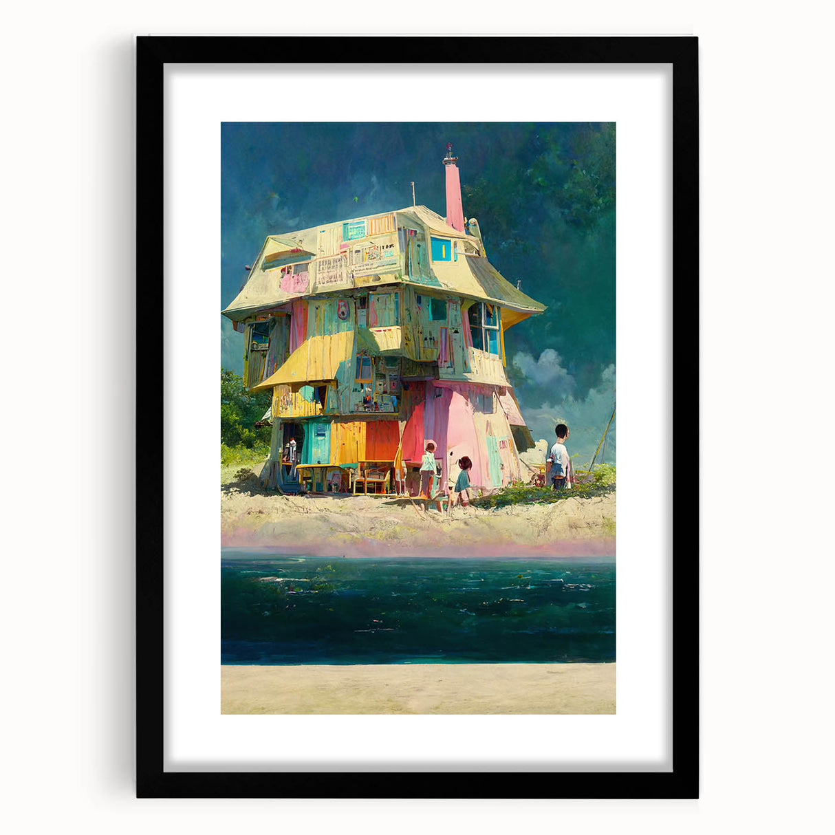 Colorful abstract art print of a Tahitian landscape on textured canvas, framed in black, ideal for living room decor.
