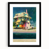 Colorful abstract art print of a Tahitian landscape on textured canvas, framed in black, ideal for living room decor.