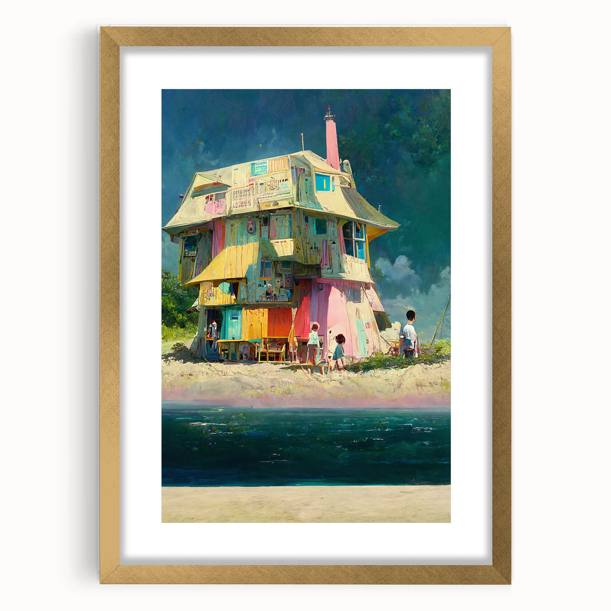 Extra large wall art featuring abstract Tahitian scenery in textured blues and greens, framed in gold.