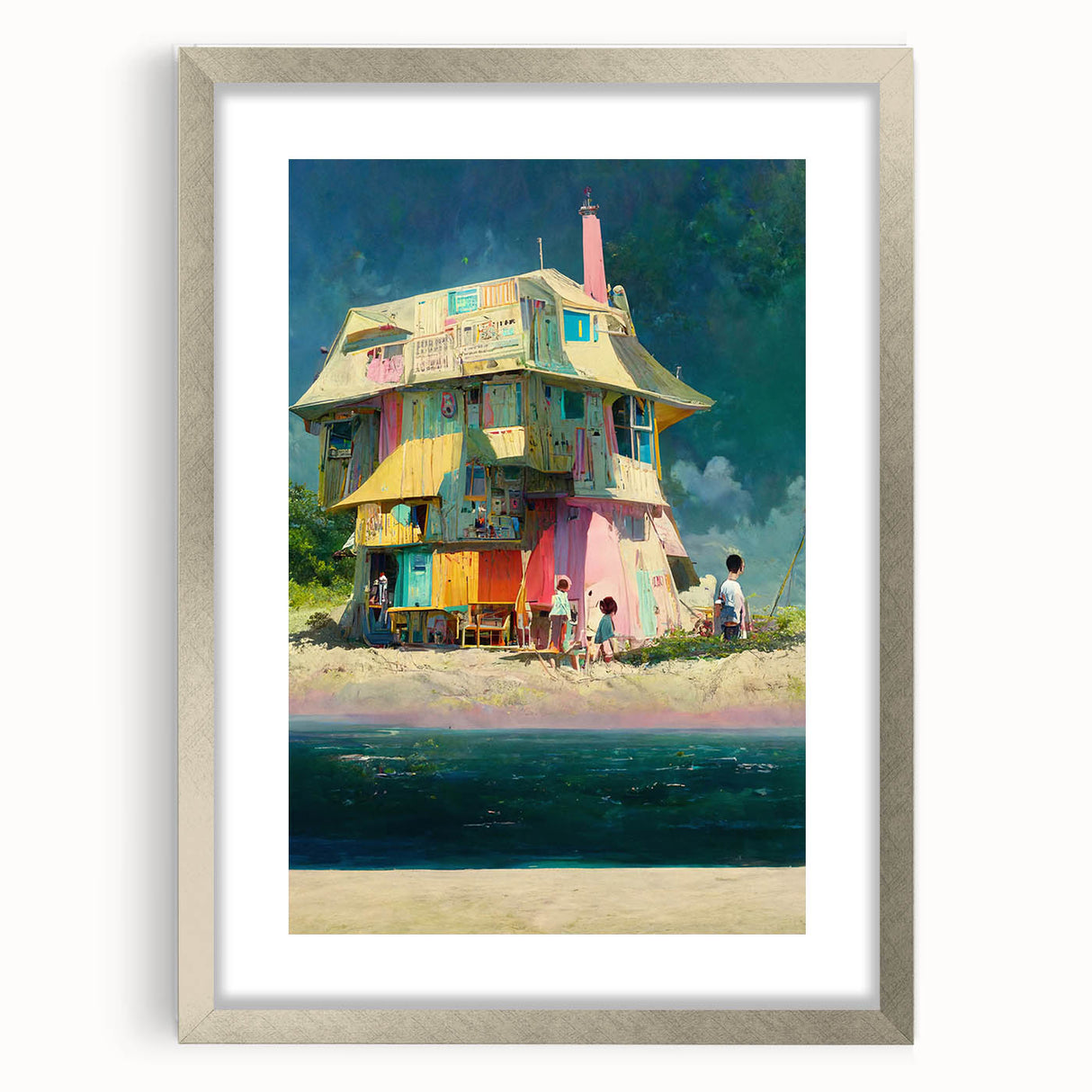 Textured abstract art print of French Polynesia scenery in muted blue and green tones on a silver-framed mat.