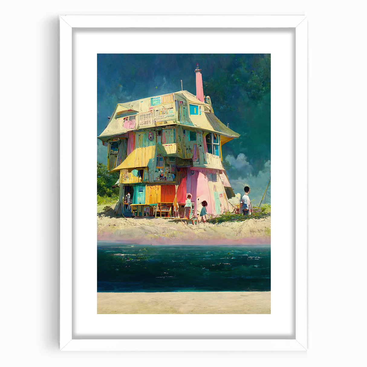 Abstract art print of a serene Tahitian landscape in soft blue and green tones, framed with a white mat.