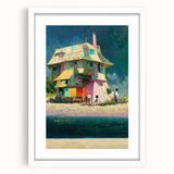 Abstract art print of a serene Tahitian landscape in soft blue and green tones, framed with a white mat.