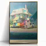 Mid-century modernist style acrylic print of a Tahitian landscape in vibrant blues and greens, framed in gold.