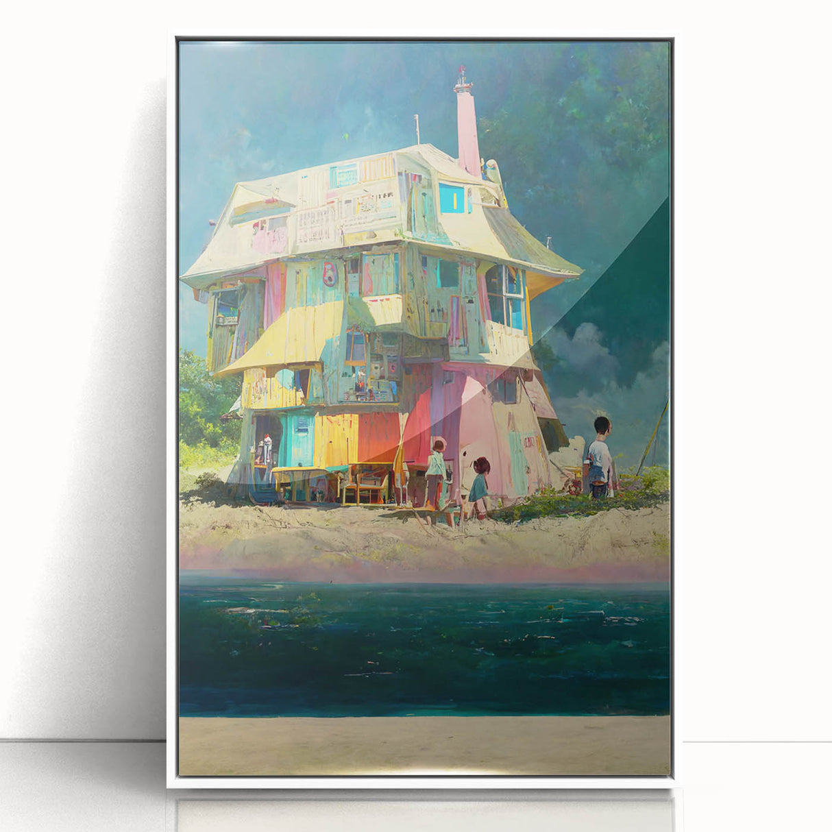 Art deco poster of Tahiti scenery in a white acrylic frame, featuring lush greens and ocean blues.