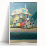 Art deco poster of Tahiti scenery in a white acrylic frame, featuring lush greens and ocean blues.
