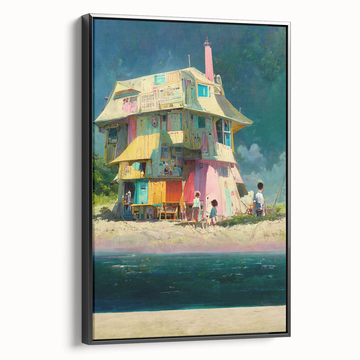 Black and white framed canvas of a Tahiti landscape, ideal for bedroom wall art.