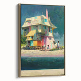 Framed canvas of a Tahitian landscape painting in muted earth tones, ideal for bedroom wall art.