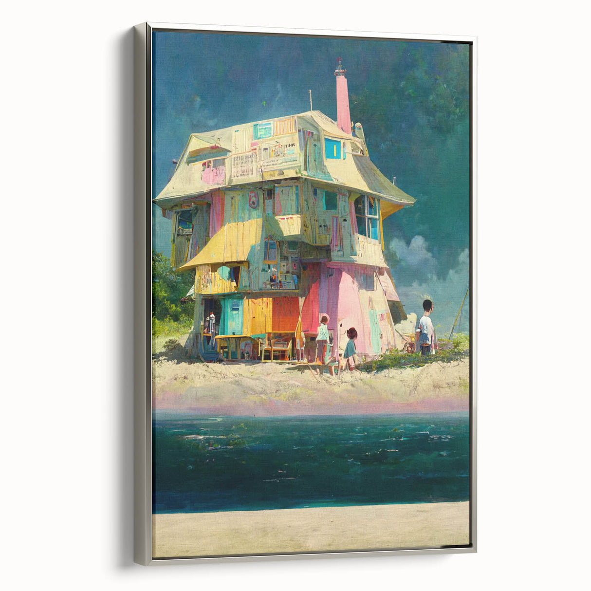Framed canvas landscape art painting featuring a vintage-style Tahiti beach scene with colorful art and black accents.