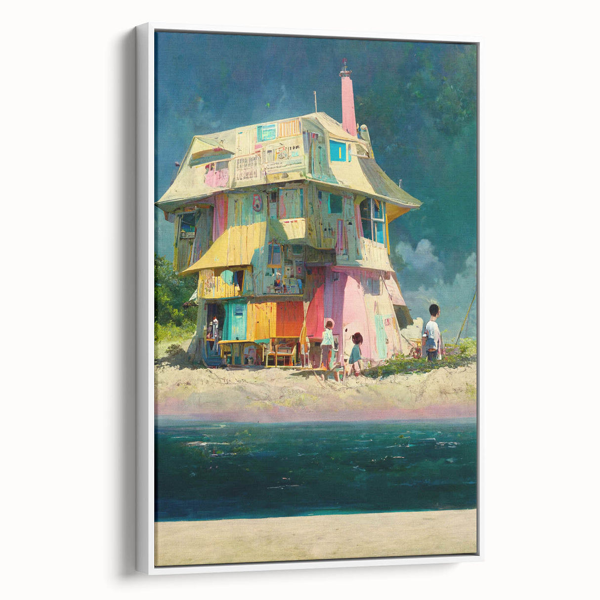 Vintage poster art of Tahiti with colorful scenery on a large framed canvas, ideal for living room decor.
