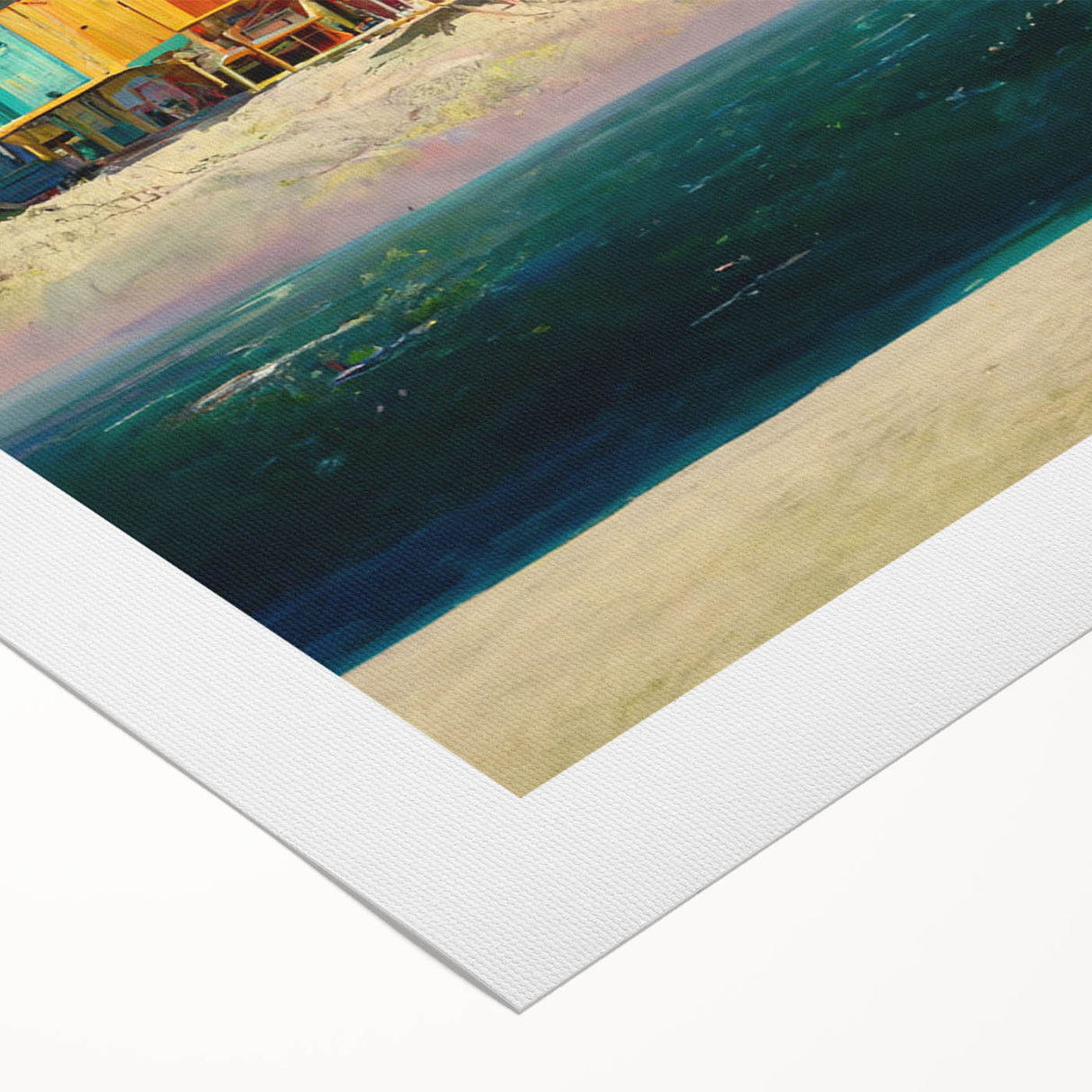 Art deco poster of Tahitian scenery in pastel colors on rolled canvas, suitable for dining room wall art.