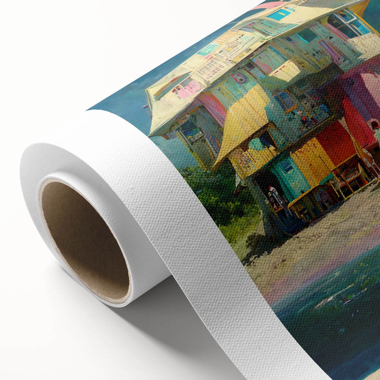 Art Deco style poster of a tropical Tahitian landscape on rolled canvas, suitable for nursery wall art or dining room decor.