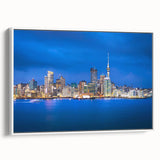 Vintage poster art of Auckland skyline in colorful hues on extra large framed canvas, suitable for living room decor.