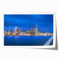 Auckland skyline in muted gray and blue tones on a rolled canvas, suitable for art wall dining room.