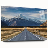 Large abstract wall art of Canterbury, New Zealand in muted blue and green tones on acrylic glass.