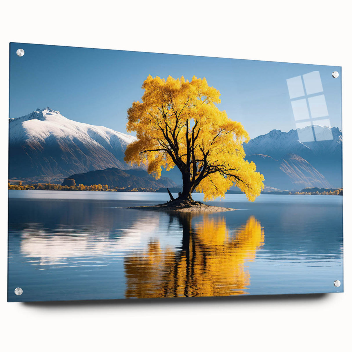 Acrylic print of a large abstract depiction of Otago, New Zealand in muted blues and greens.