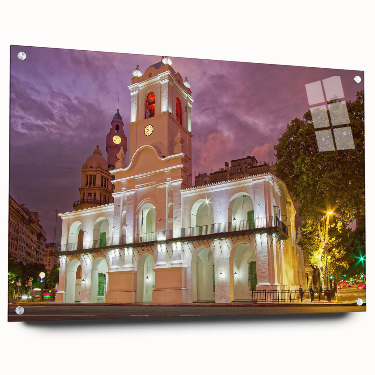 Acrylic print of a large abstract depiction of Buenos Aires skyline in muted blue and gray tones.