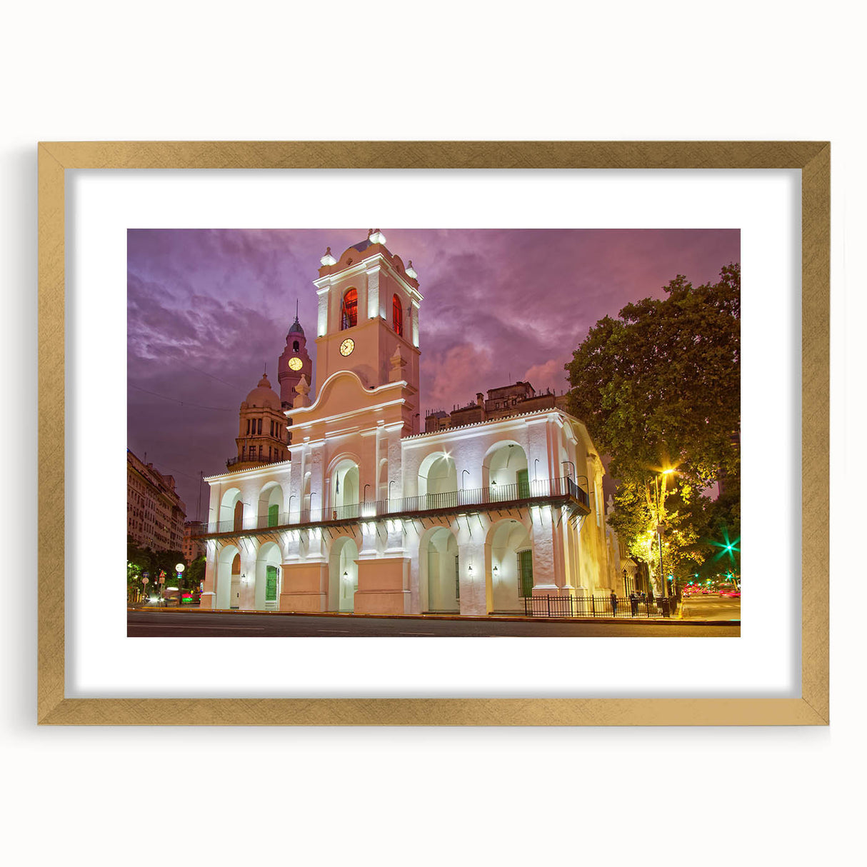 Extra large abstract art print of Buenos Aires scenery in muted earth tones on a textured canvas, framed in gold.