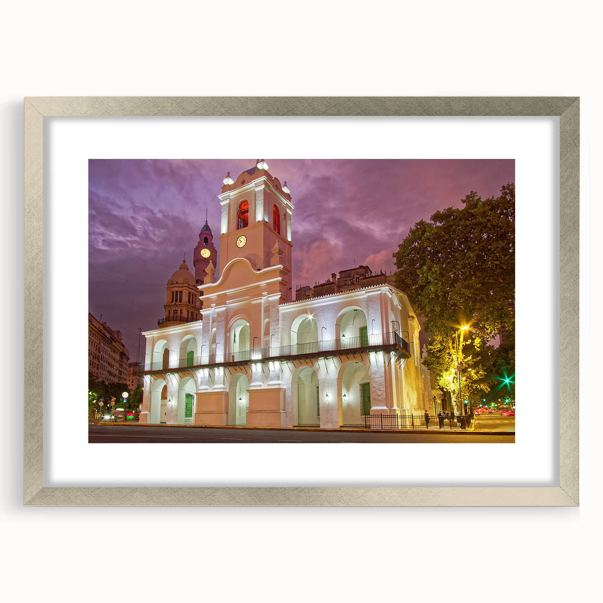 Textured abstract art print of Buenos Aires skyline in silver frame with mat, using muted earth tones, ideal for bedroom art.
