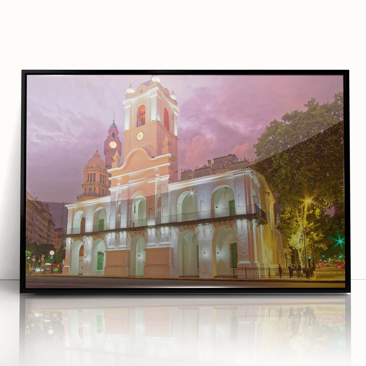Large abstract wall art depicting a stylized Buenos Aires cityscape in muted tones on a framed acrylic.