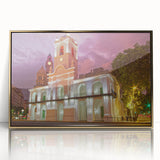 Acrylic print of a mid-century modernist Buenos Aires cityscape in muted gold tones, ideal for modern art wall decor.