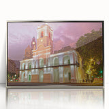 Mid-century modernist art depicting a Buenos Aires cityscape in muted gray and blue tones, framed in silver acrylic.