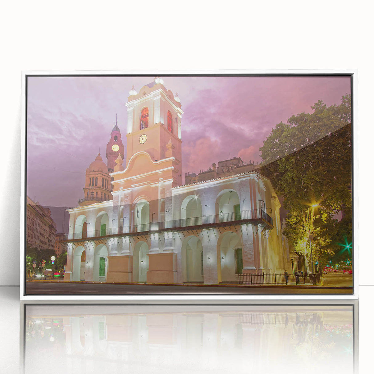 Art deco poster of Buenos Aires skyline in muted gray tones on a framed acrylic, ideal for modern art wall decor.