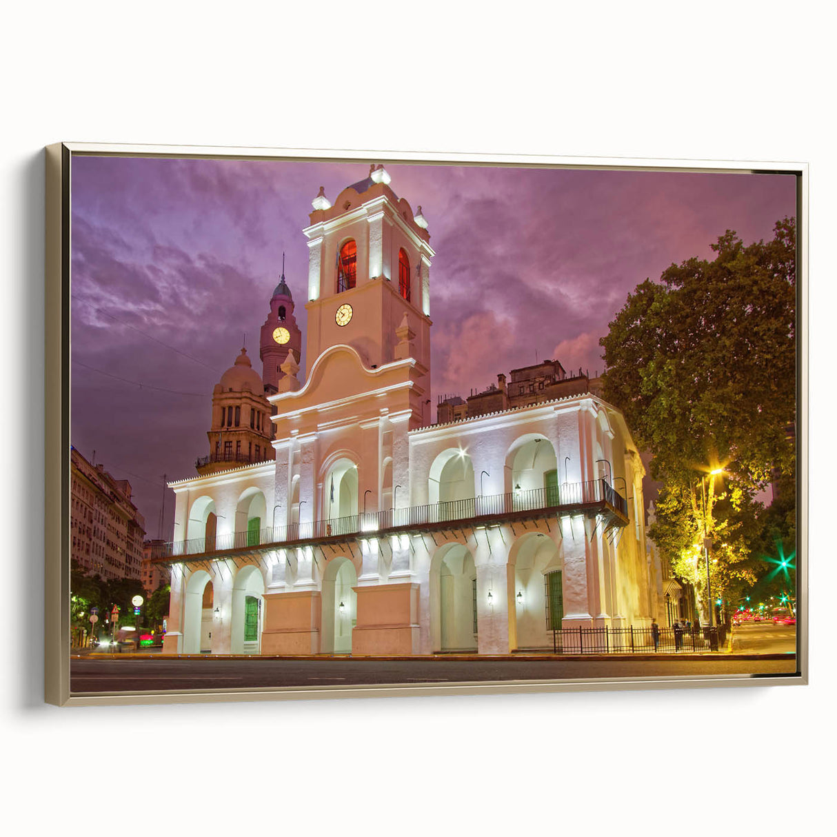 Framed canvas of a vintage-style landscape painting depicting a serene Argentine scenery, in muted earth tones.