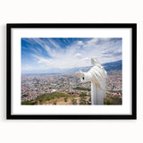 Extra large abstract art print of a colorful Bolivian landscape on textured canvas, framed in black.
