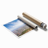 Extra large rolled print depicting a floral scene in vibrant greens and pinks.
