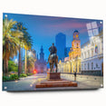 Acrylic print of a large abstract depiction of Santiago, Chile, in vibrant blue and green tones, ideal for dining room decor.