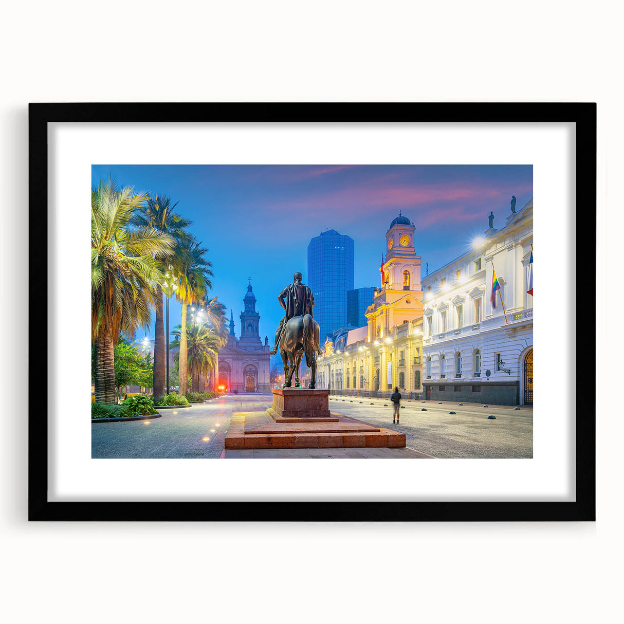 Colorful abstract art print of Santiago skyline in vibrant hues on a large textured canvas, ideal for living room decor.