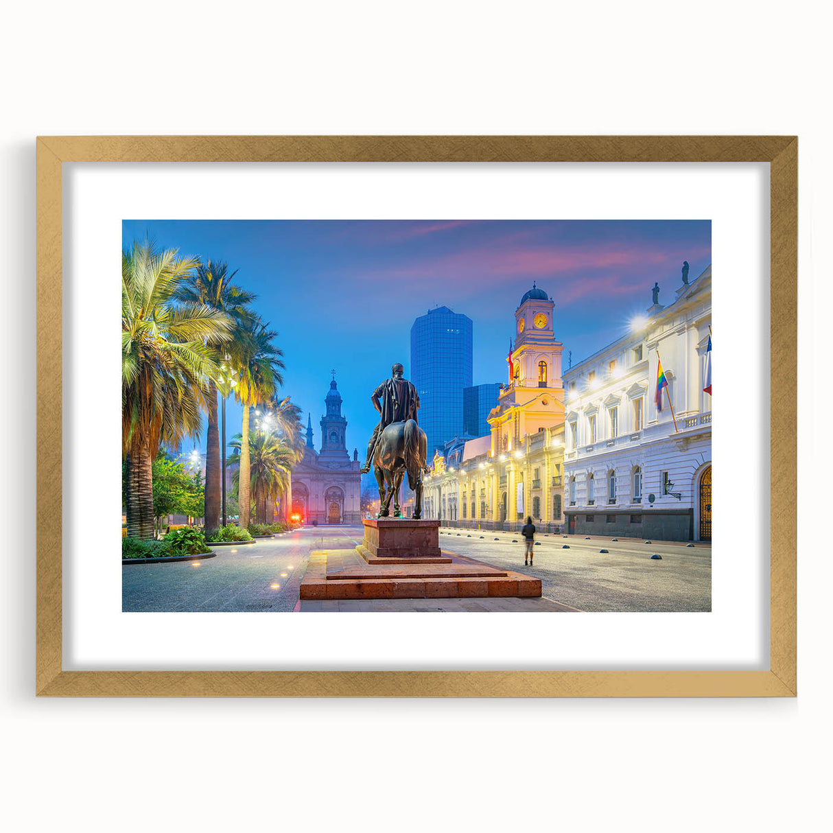 Extra large abstract art print of Santiago skyline in textured gold frame, ideal for living room decor.