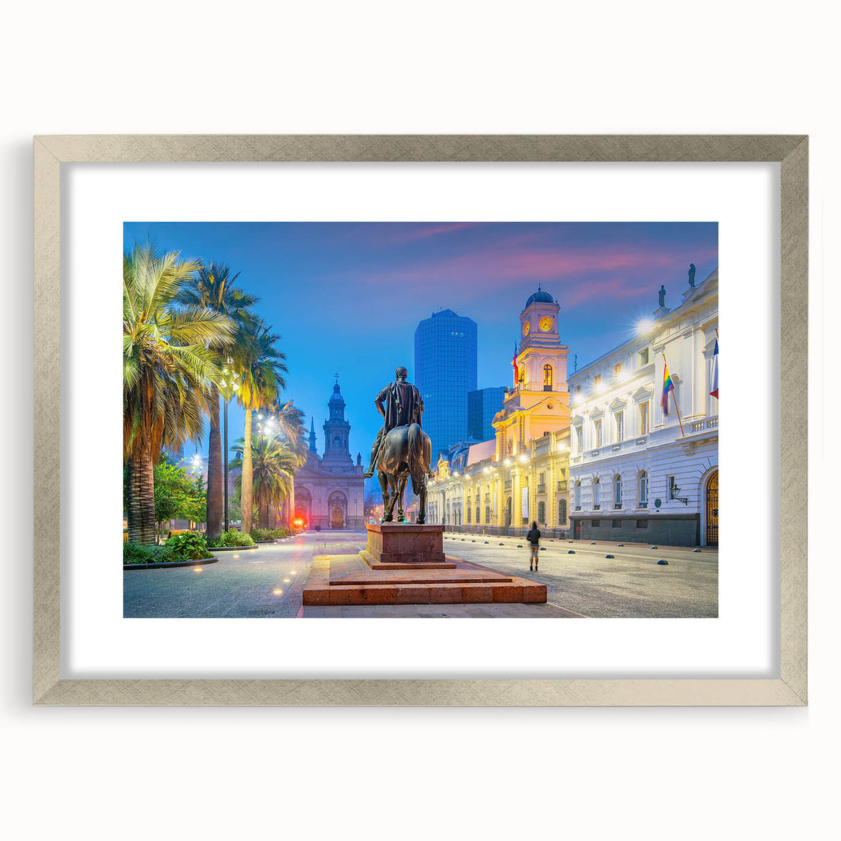 Abstract textured art print of Santiago skyline in muted earth tones on a framed silver mat, ideal for bedroom art.