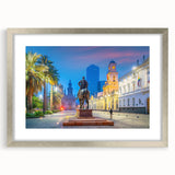 Abstract textured art print of Santiago skyline in muted earth tones on a framed silver mat, ideal for bedroom art.