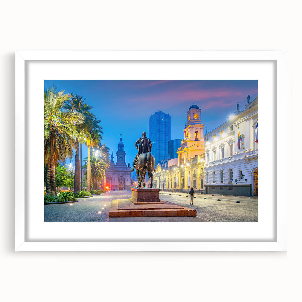 Abstract art print of Santiago skyline in muted earth tones on a framed white mat, suitable for dining room decor.