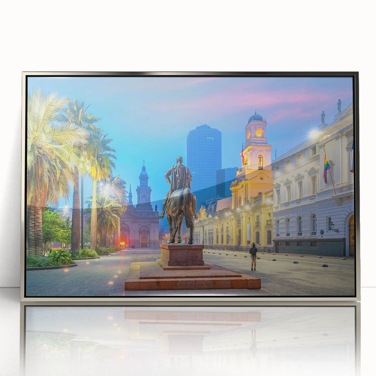 Mid-century modernist art of Santiago skyline in muted earth tones on a silver-framed acrylic print.