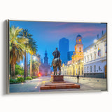 Framed canvas of a colorful Santiago landscape with vintage poster style, ideal for living room decor.