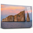 Acrylic print of a Galapagos scene with lush greenery and ocean, in natural colors.