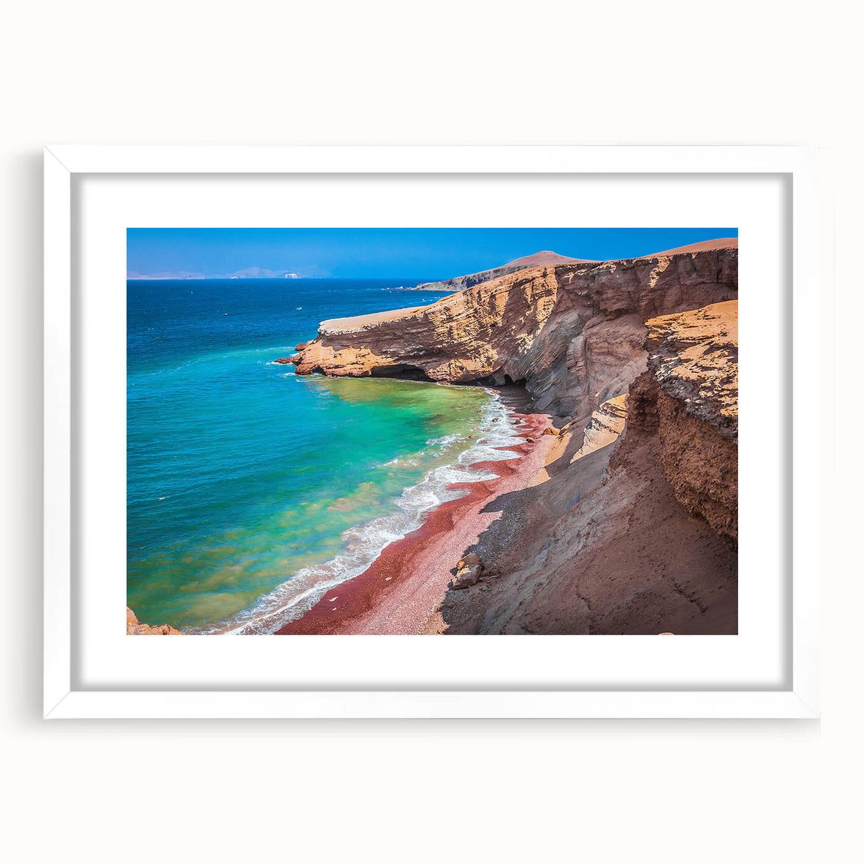 Abstract art print of a Peruvian landscape in soft earth tones on a framed white mat, ideal for dining room art.