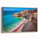 Framed canvas featuring a vintage-style landscape painting of a Peruvian scenery in muted earth tones.