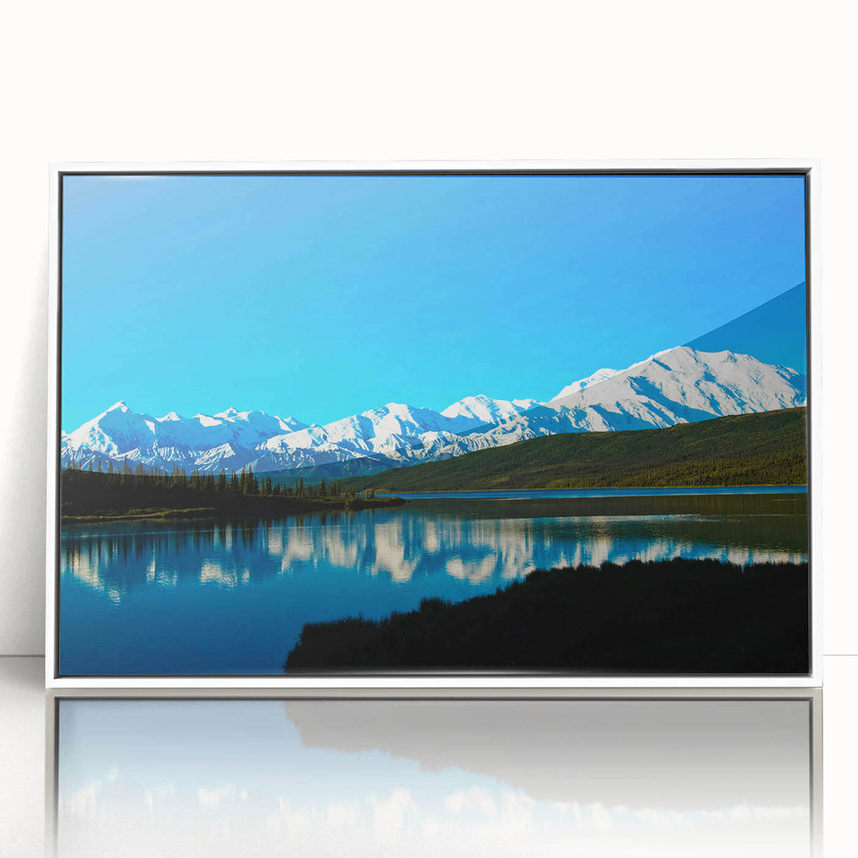 Acrylic print of Denali, Alaska with muted earth tones in an art deco style, ideal for modern art wall decor.