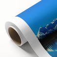 Art Deco style poster of Denali, Alaska scenery on rolled canvas, featuring cool, muted blue tones.