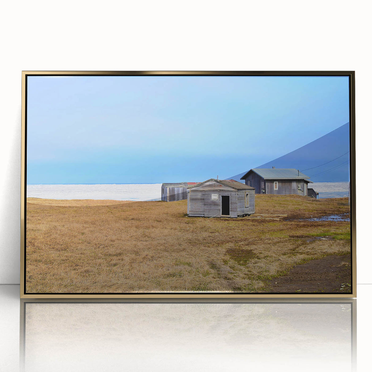Acrylic print of Alaskan scenery in gold frame, featuring mid-century modernist style, suited for modern art wall decor.