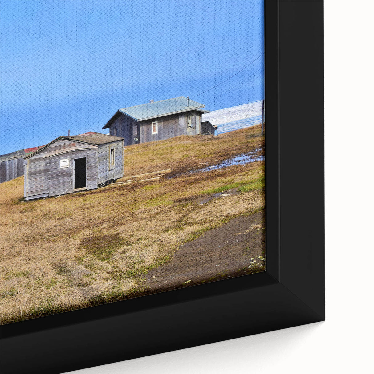 Extra large black wall art on canvas featuring a textured, colorful Alaskan scenery, ideal for living room decor.