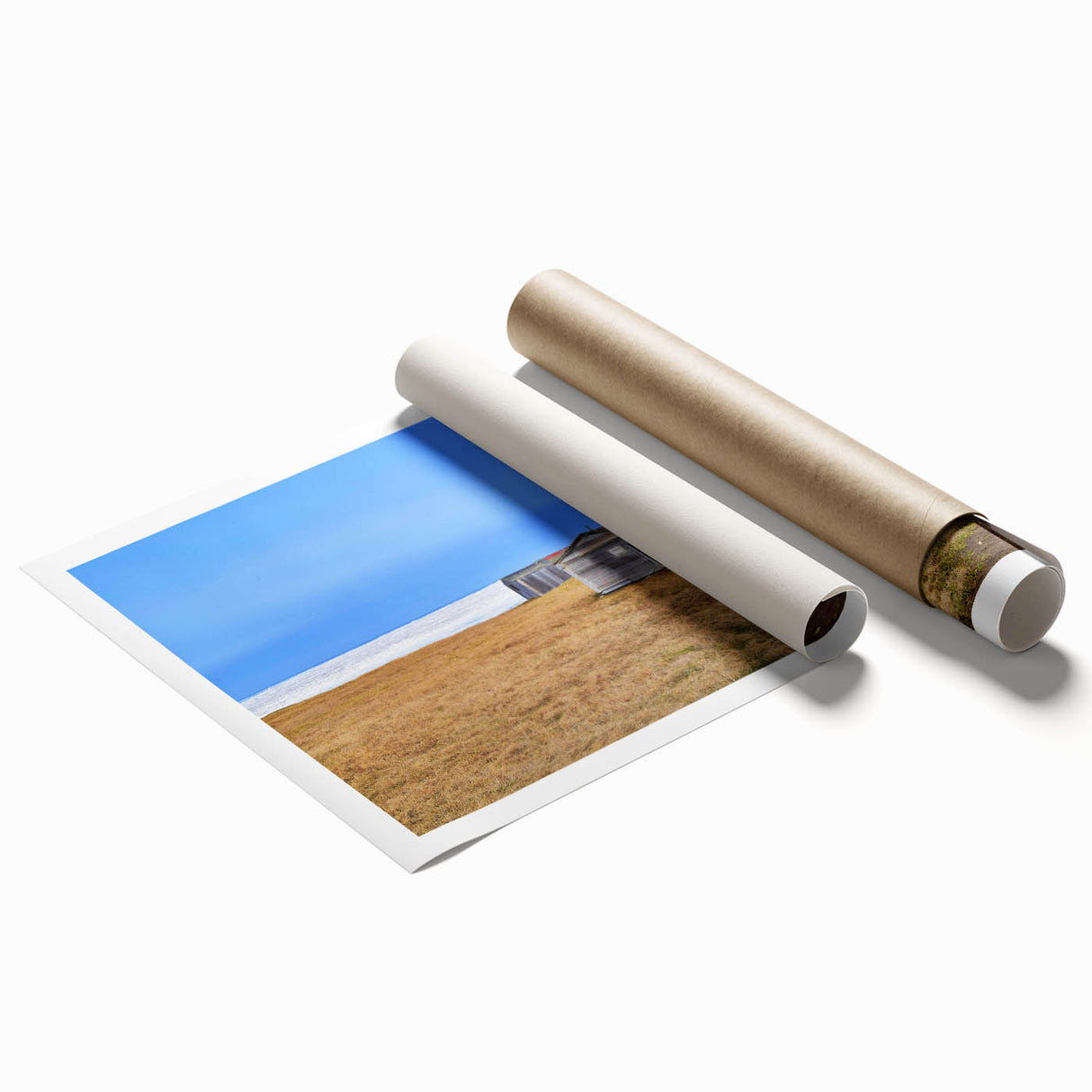 Extra large rolled print depicting serene Alaskan scenery, featuring muted blue and green tones.
