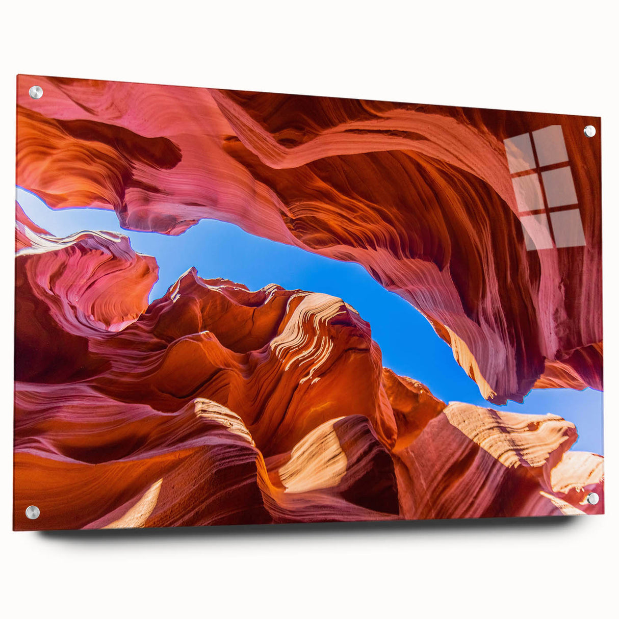 Acrylic print of Antelope Canyon in Arizona with warm red and orange tones, suitable for bedroom or dining room decor.