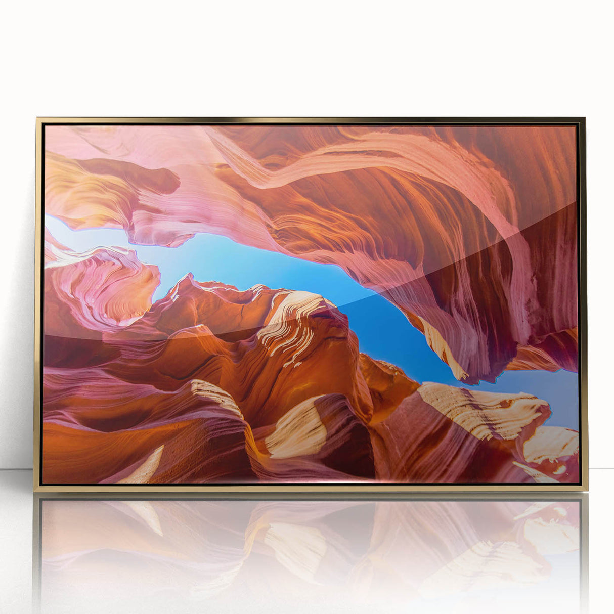 Framed acrylic print of Antelope Canyon in Arizona with warm gold and orange tones, ideal for modern art wall decor.