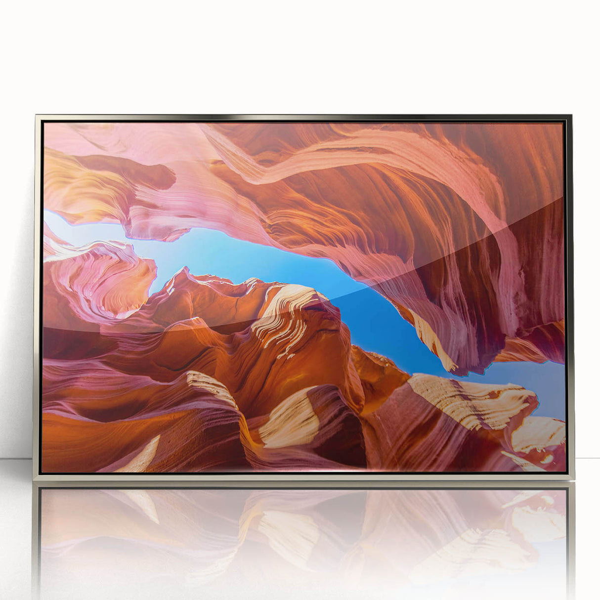 Mid-century modernist art depicting Arizona's Antelope Canyon in a framed acrylic print with silver hues.