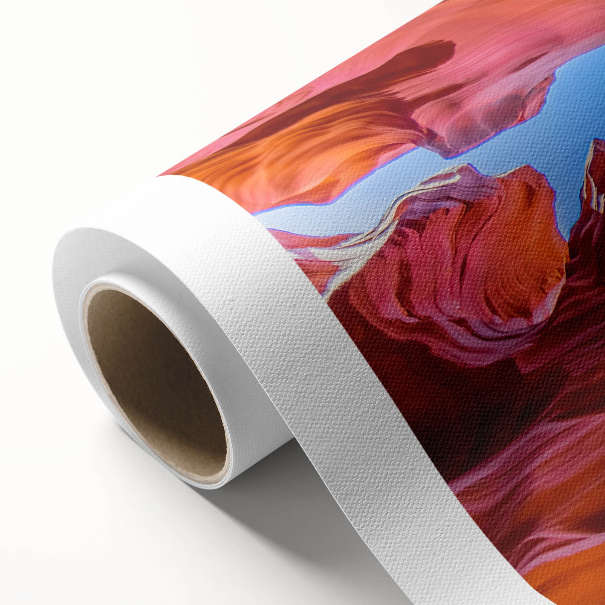 Art deco poster featuring Arizona's Antelope Canyon in earthy red and orange tones on rolled canvas.